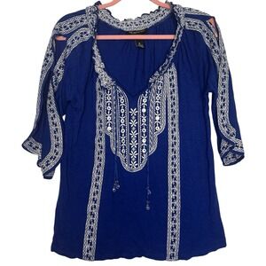 INC International Concepts Petite Women's Size M Blue Embroidered Top 3/4 Sleeve